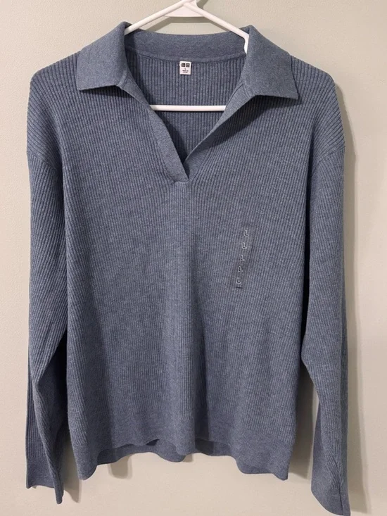 Uniqlo NWT Washable Knit Ribbed Polo Sweater Women’s L Blue Minimalist Comfy - Picture 3 of 7